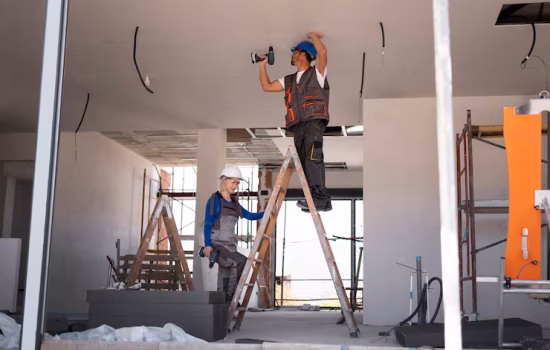 Home full shot man woman standing ladder ceiling wall maintenance.avif