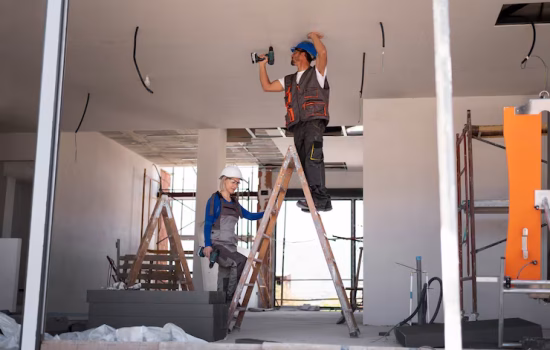 full shot man woman standing ladder ceiling wall maintenance.avif
