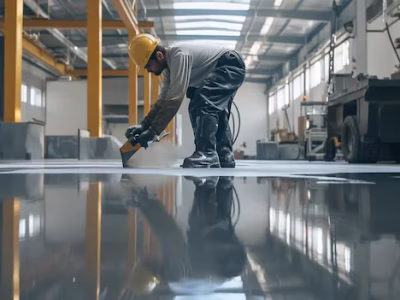 Tiling Works worker applies epoxy coating shiny reflective industrial floor large factory 161754 59052.avif