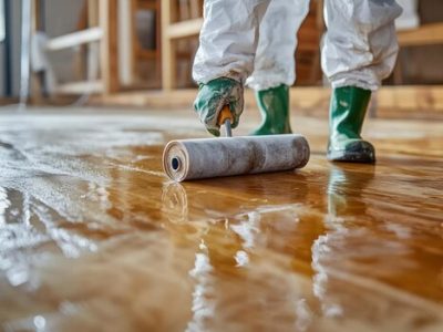 Tiling Works worker protective clothing applies sealant new wooden floor construction project 1372832 19839.jpg
